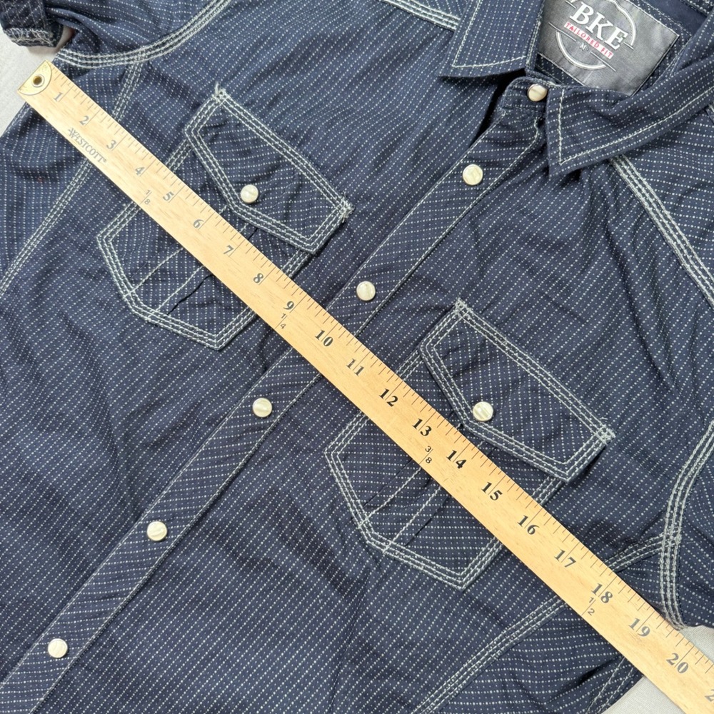 BKE Pearl Snap Shirt Men Medium Tailored Fit Blue Western Short Sleeve Flip Cuff - Picture 4 of 7